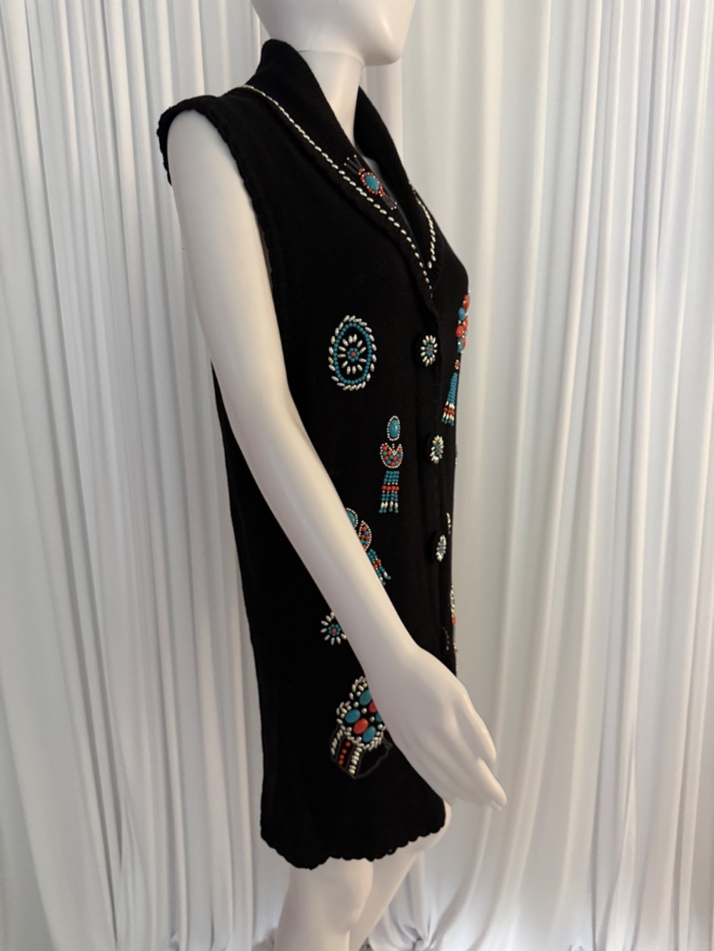 Victoria Jones Beaded Southwestern Sweater Vest Tunic Black Medium Boho Western - Picture 4 of 16